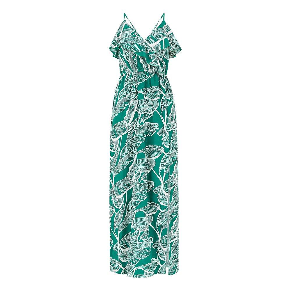 Mela London Women's Green Tropical Print Frill Maxi Dress