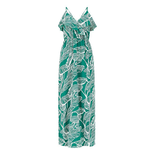 Mela London Women's Green Tropical Print Frill Maxi Dress