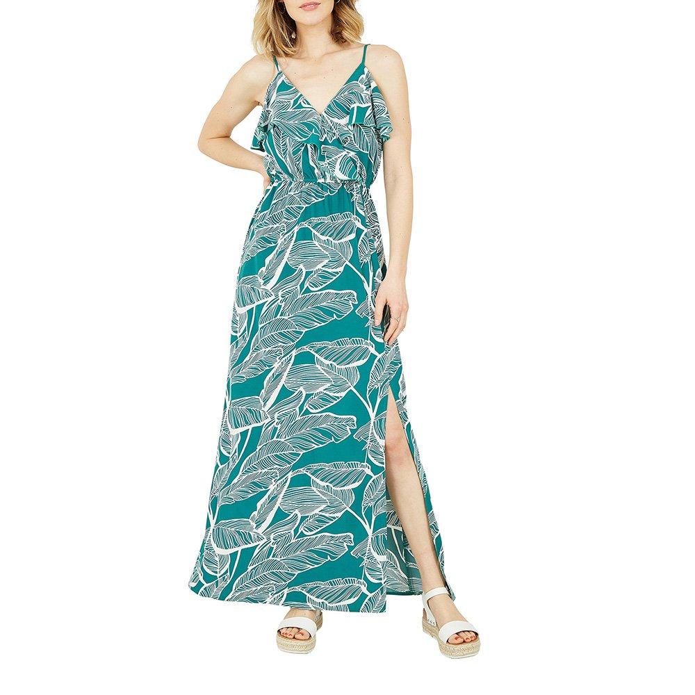 Mela London Women's Green Tropical Print Frill Maxi Dress