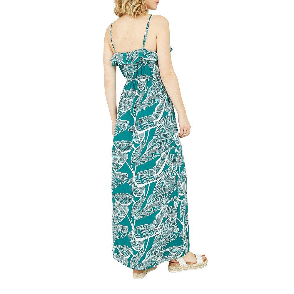 Mela London Women's Green Tropical Print Frill Maxi Dress