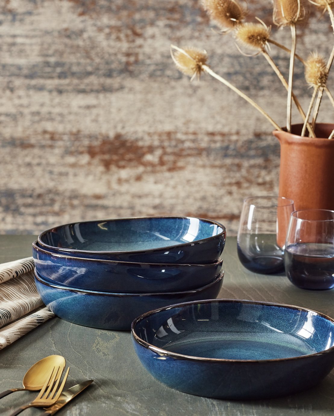 Habitat 4 Piece Reactive Stoneware Pasta Bowls - Navy