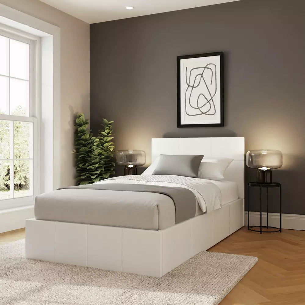 GFW End Lift Single Faux Leather Ottoman Bed - White