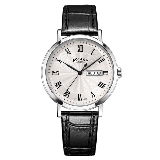 Rotary Mens Heritage SS Black Leather Strap Watch