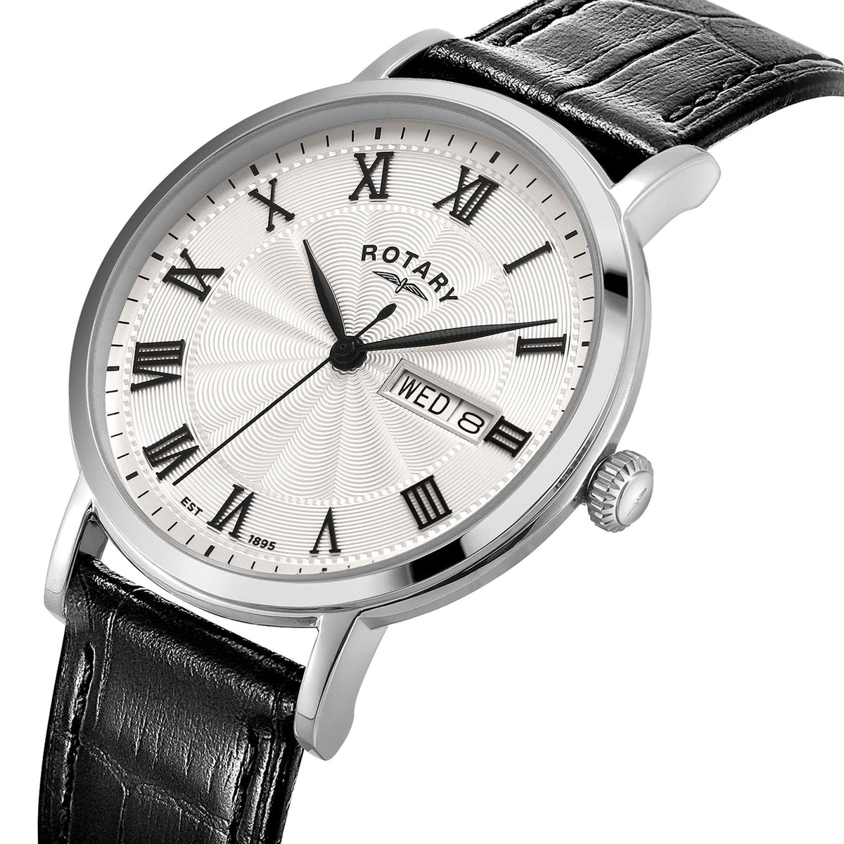 Rotary Mens Heritage SS Black Leather Strap Watch