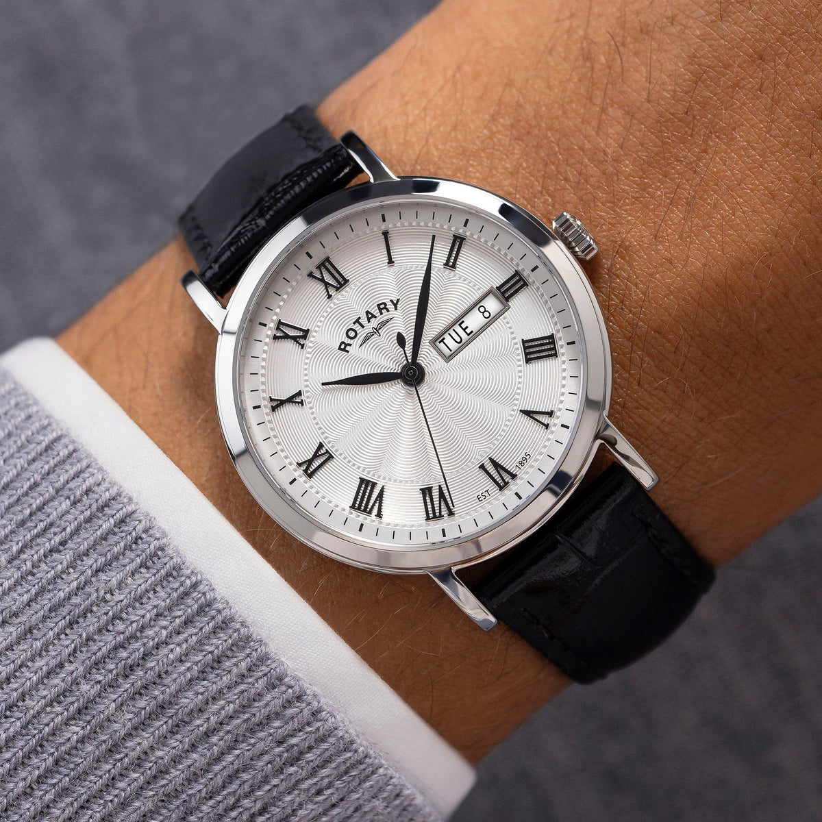 Rotary Mens Heritage SS Black Leather Strap Watch
