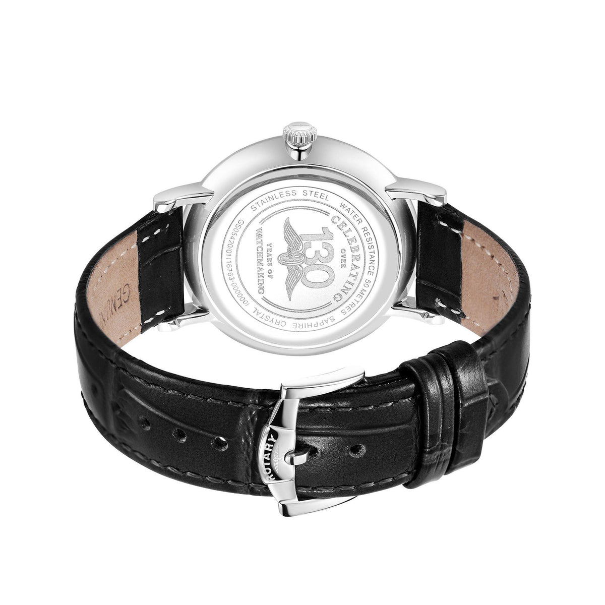 Rotary Mens Heritage SS Black Leather Strap Watch