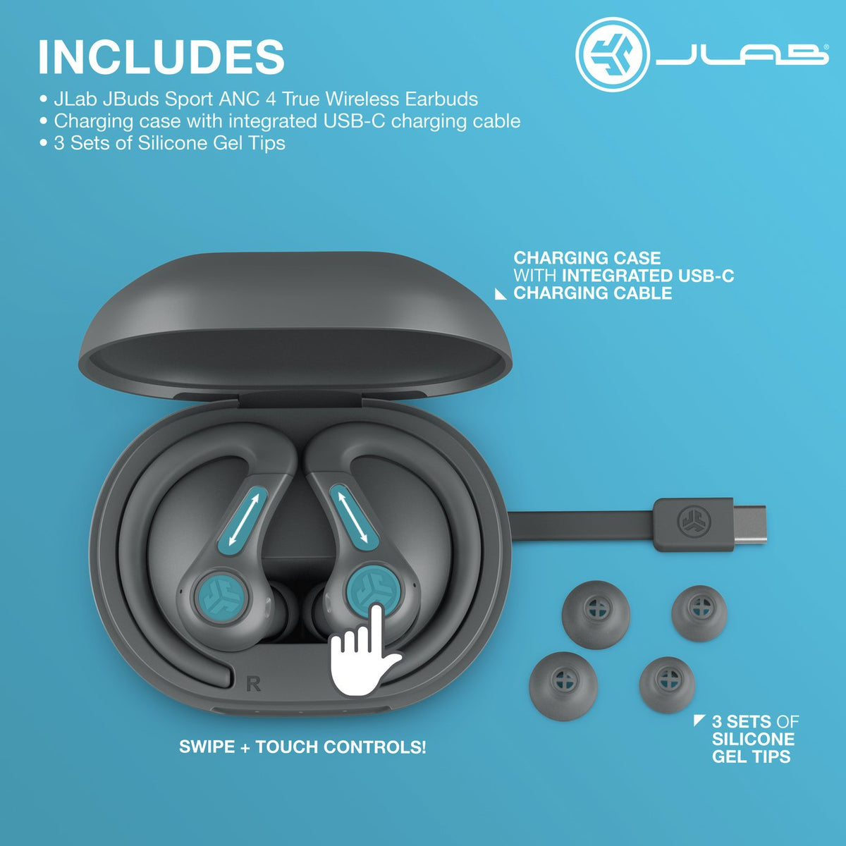 JLab JBuds Sport ANC 4 True Wireless Earbuds - Graphite