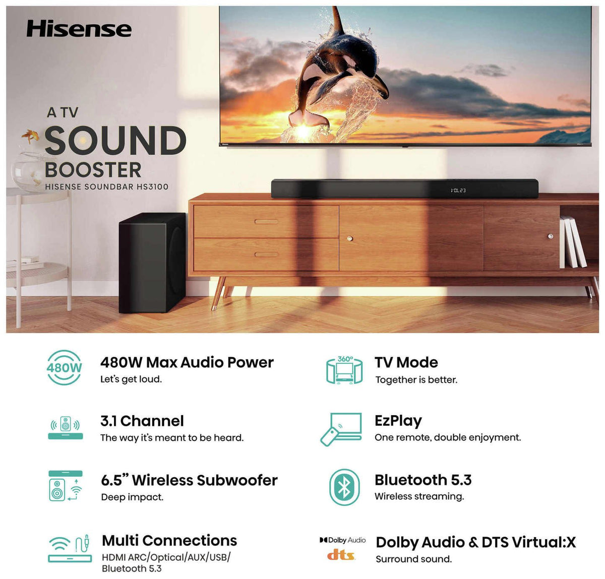Hisense HS3100 480W 3.1Ch Soundbar with Wireless Sub