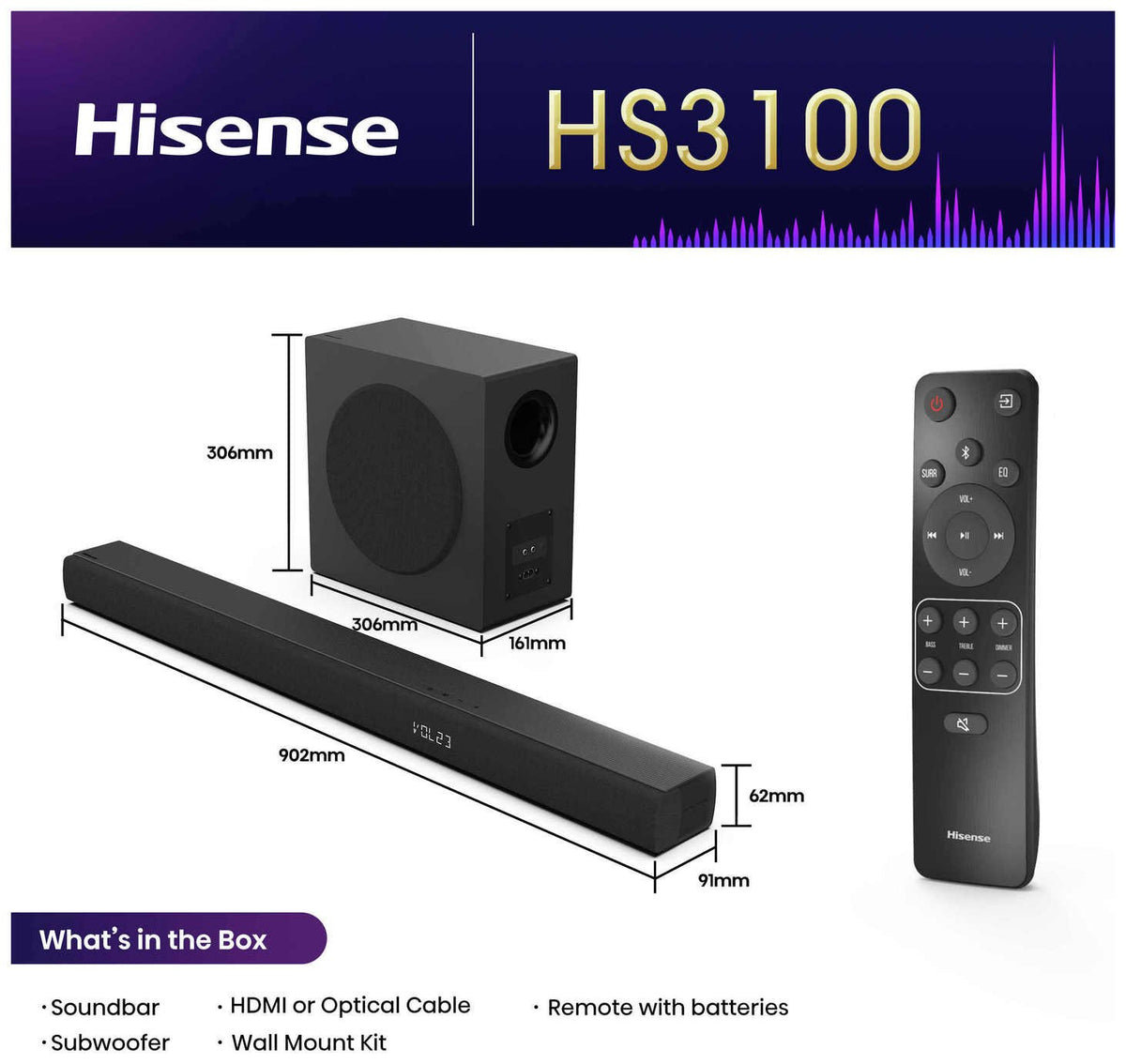 Hisense HS3100 480W 3.1Ch Soundbar with Wireless Sub