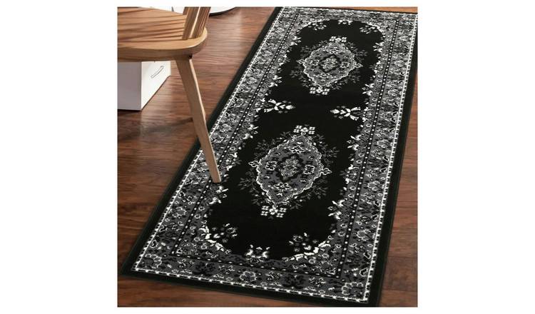 Homemaker Bukhura Traditional Black Cut Pile Runner-67x200cm
