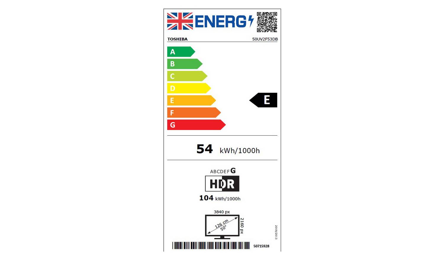 Toshiba 50 Inch 50UV2F53DB Smart 4K UHD HDR LCD Freely TV