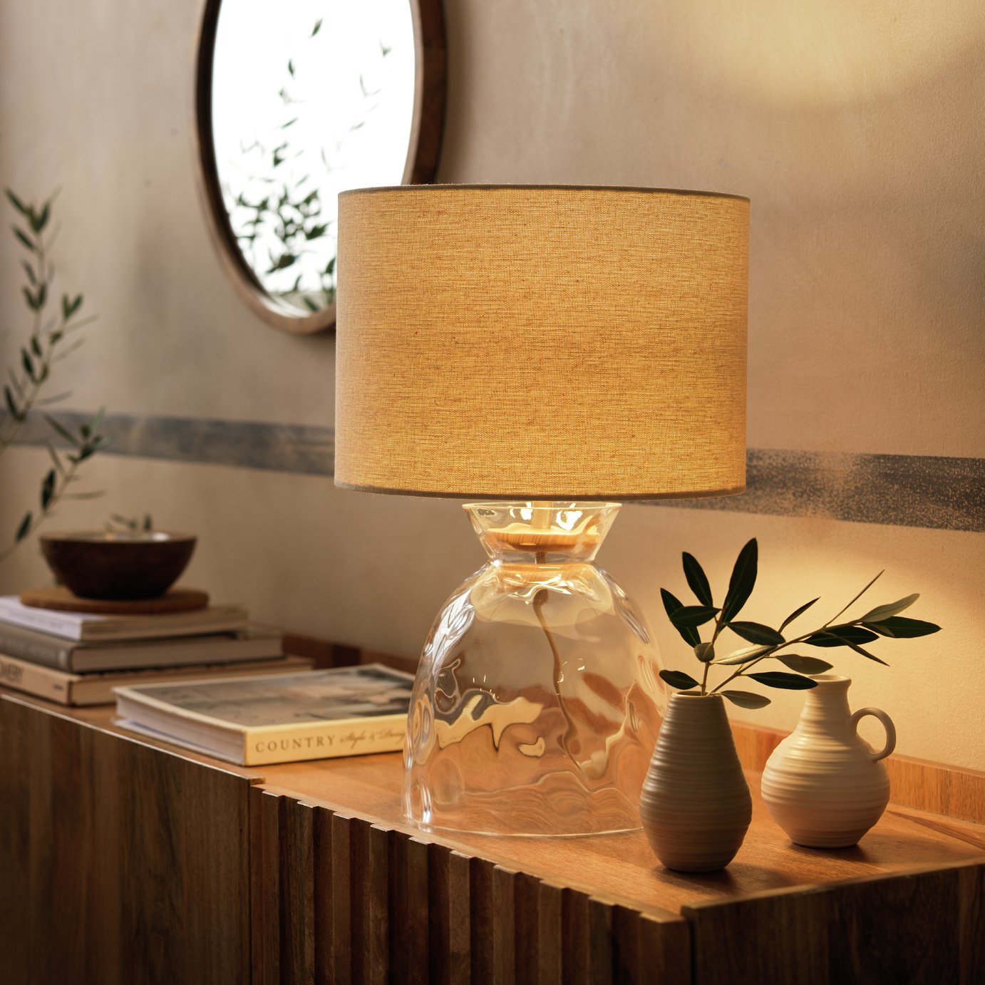 Habitat Vanern Dimple 42cm Glass Table Lamp - Clear & Cream