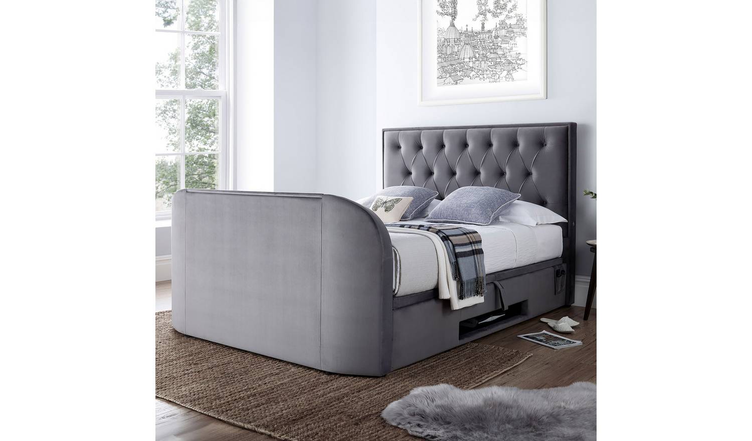 Smart TV Bed Lyon Kingsize Velvet TV Ottoman Bed - Grey