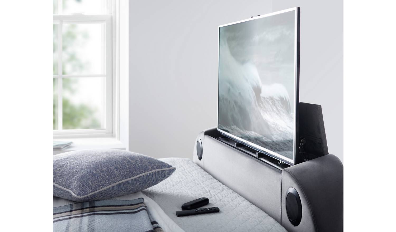 Smart TV Bed Lyon Kingsize Velvet TV Ottoman Bed - Grey