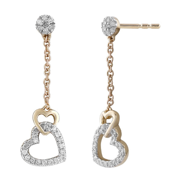 9ct Yellow Gold 0.10ct Diamond Heart Drop Earrings