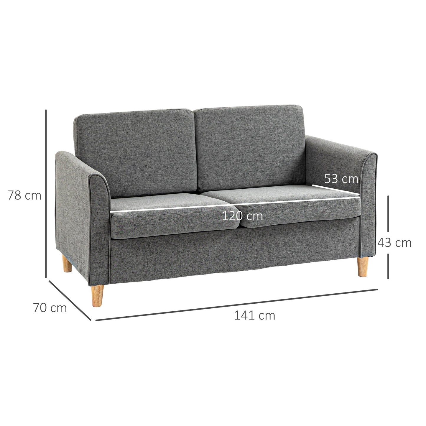 HOMCOM 2 Seater Wooden Sofa with Wood Legs and Armrest - Grey