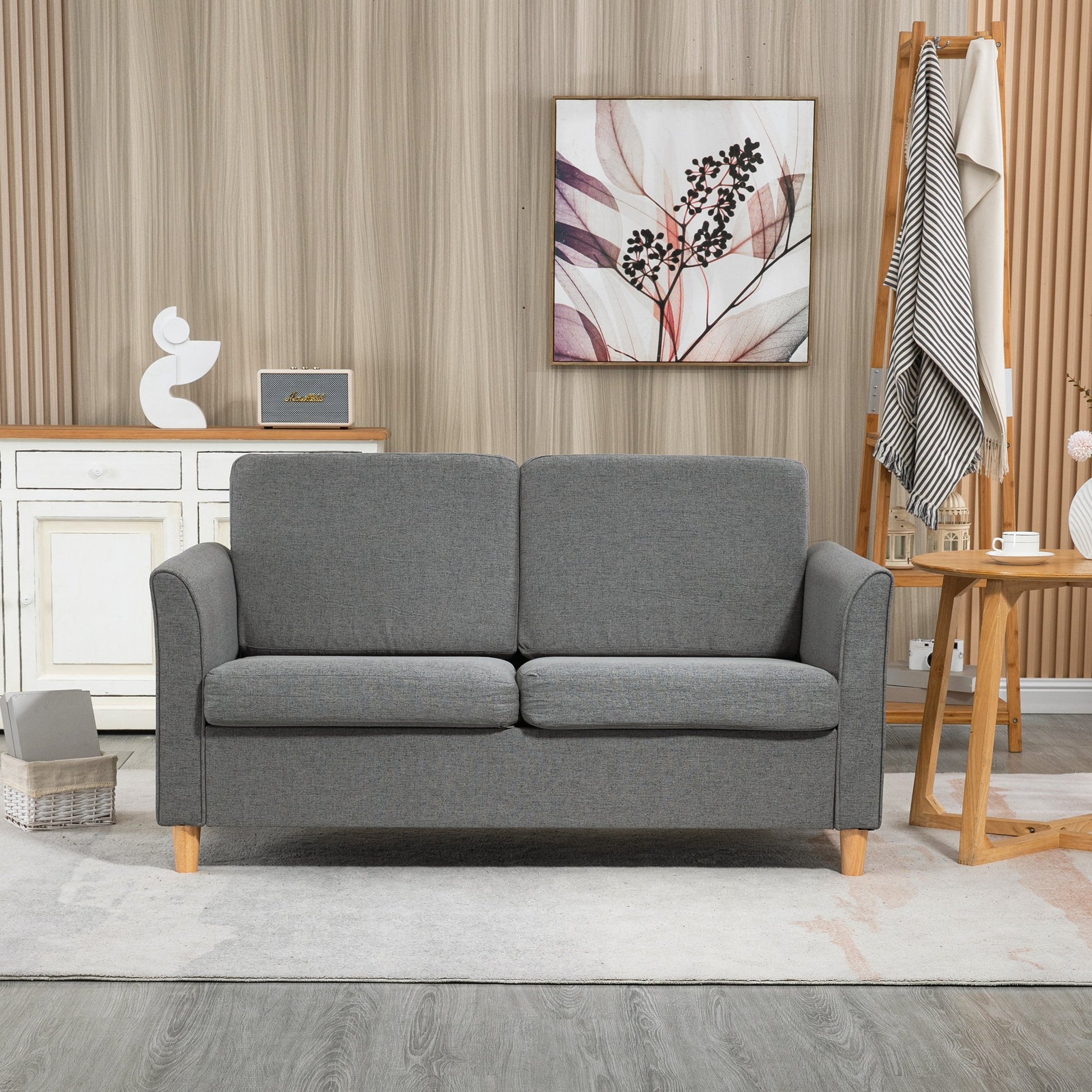 HOMCOM 2 Seater Wooden Sofa with Wood Legs and Armrest - Grey