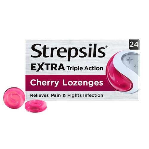 Strepsils Extra Medicated Sore Throat Lozenges Triple Action Cherry