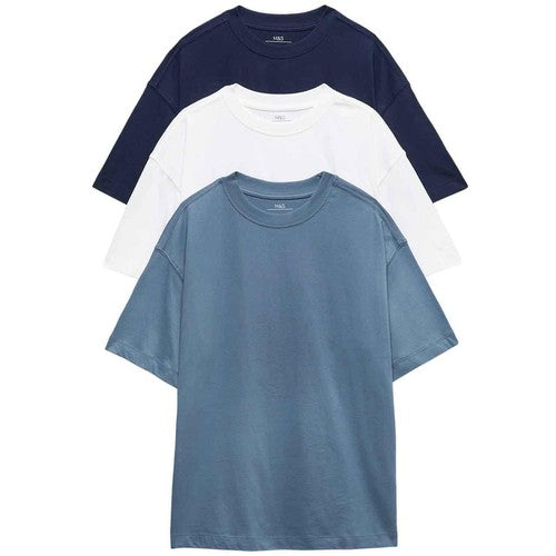 M&S Unisex Pure Cotton T-Shirts, 6-7 Years, Navy Mix