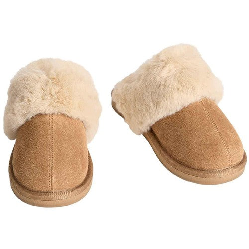 M&S Suede Faux Fur Trim Mule Slipper, Size 8, Chestnut