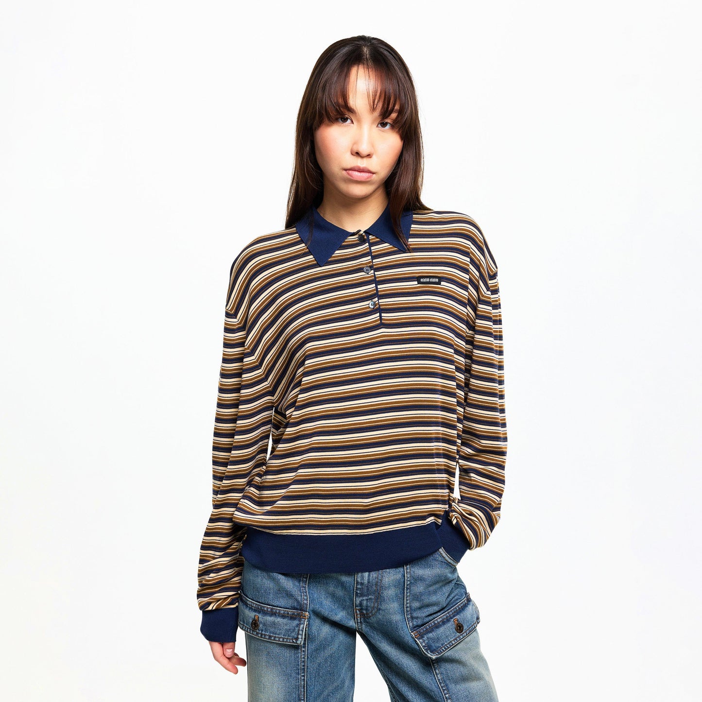 Miu Miu Women's Stripe Knitted Long Sleeve Polo Shirt