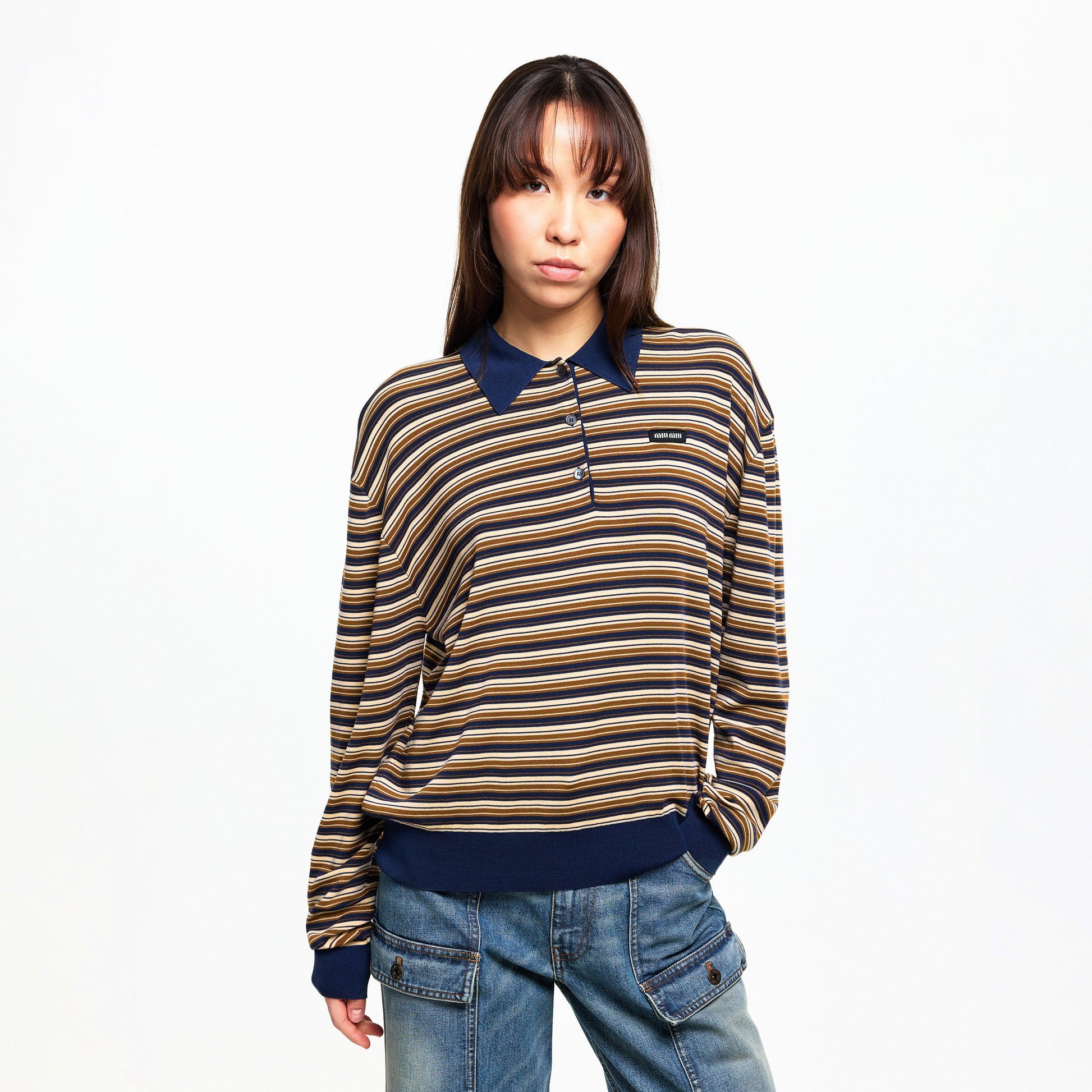 Miu Miu Women's Stripe Knitted Long Sleeve Polo Shirt