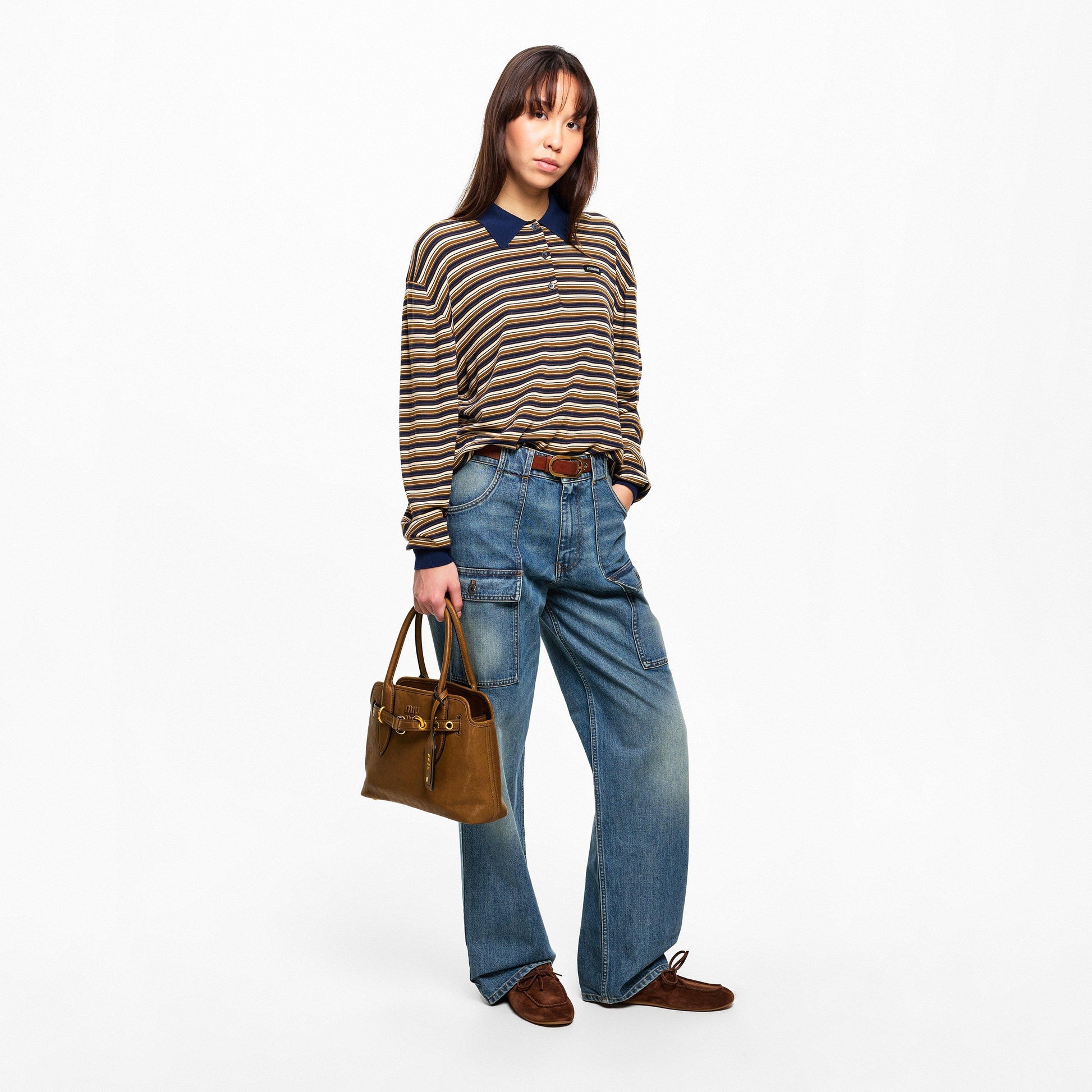 Miu Miu Women's Stripe Knitted Long Sleeve Polo Shirt