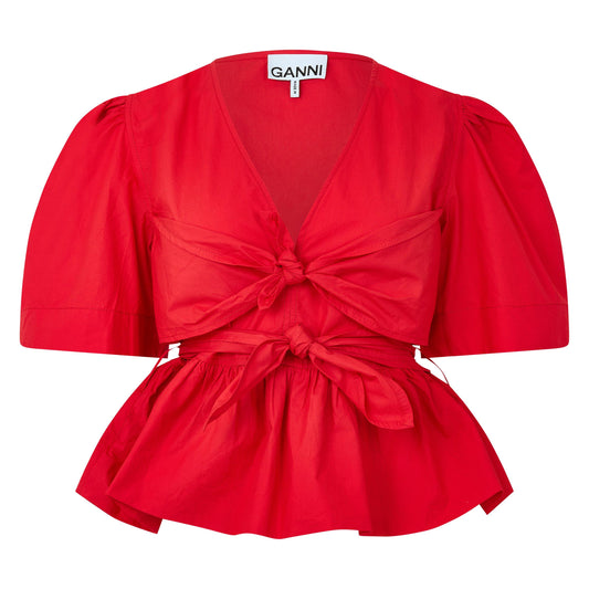 Ganni Women's Poplin Bow Short Sleeve Blouse