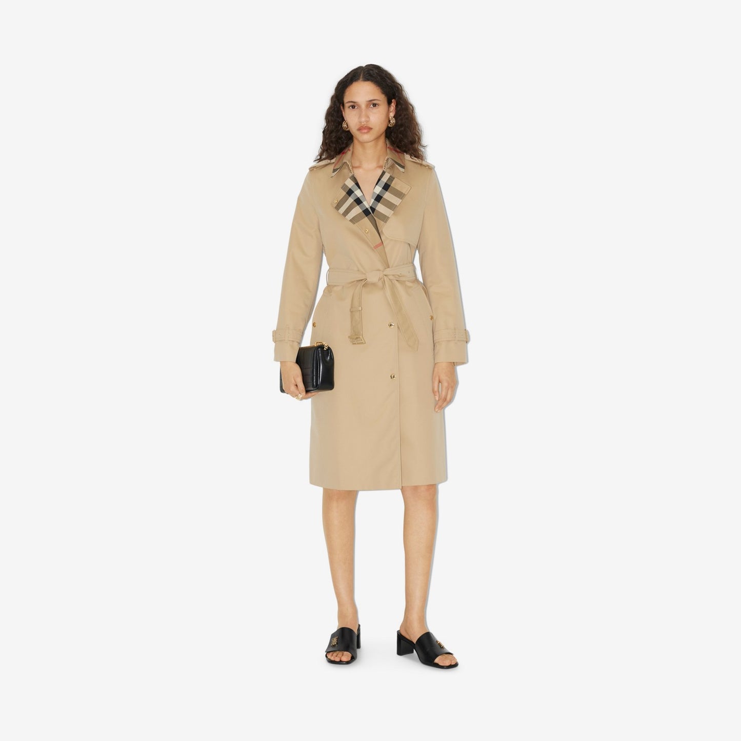 Long Check Collar Gabardine Trench Coat