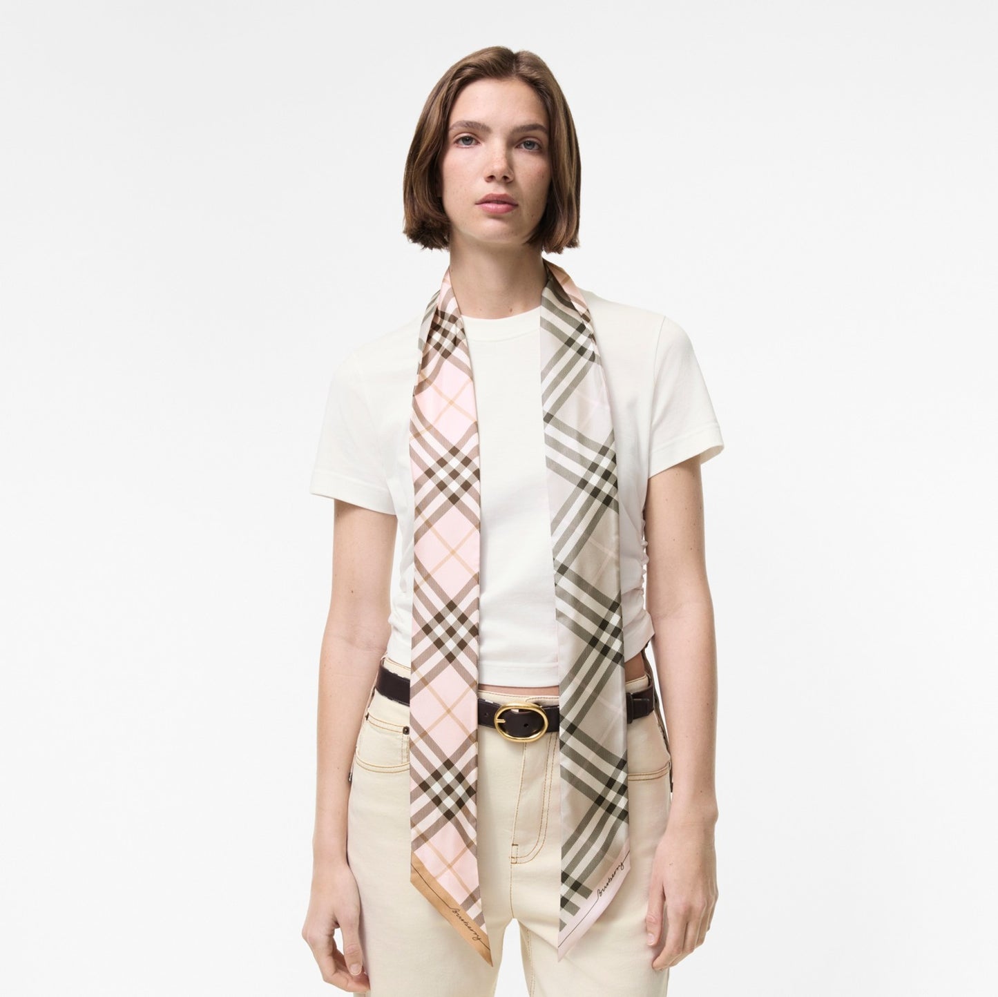 Skinny Contrast Check Silk Scarf