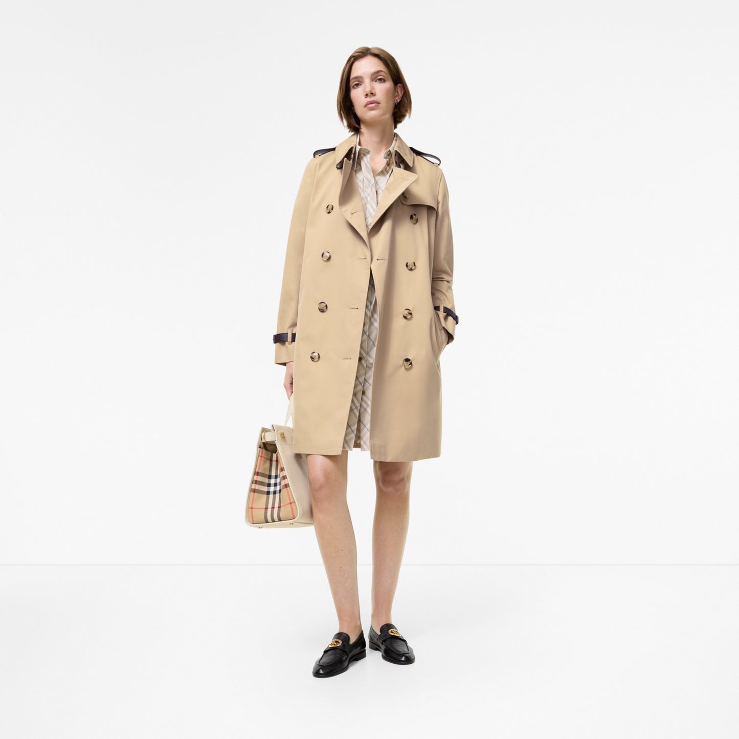 Mid-length Leather Trim Kensington Trench Coat