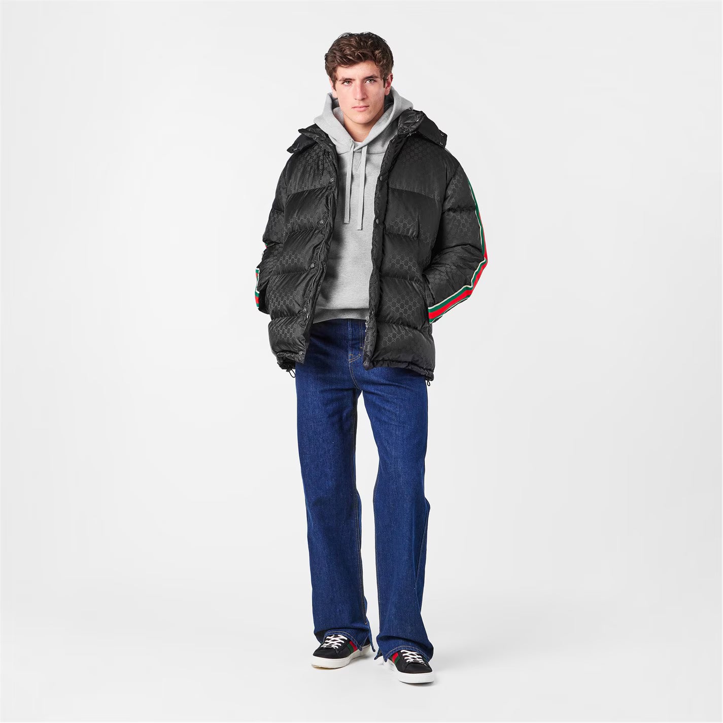 Men's GG Nylon Jacquard Web Long Sleeve Short Puffer Jacket