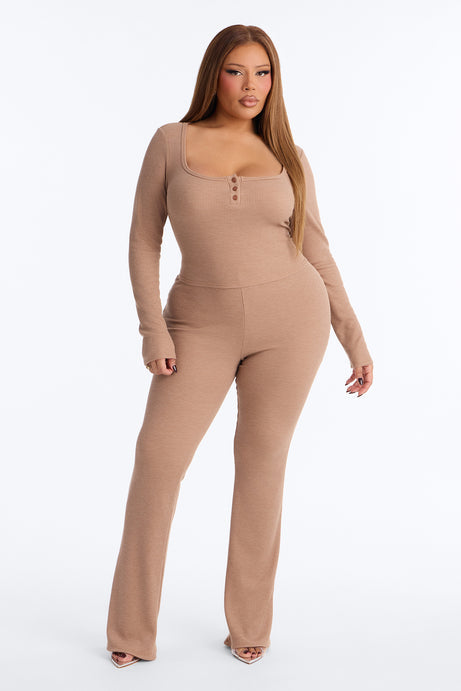 Marissa Long Sleeve Waffle Pant Set - Taupe