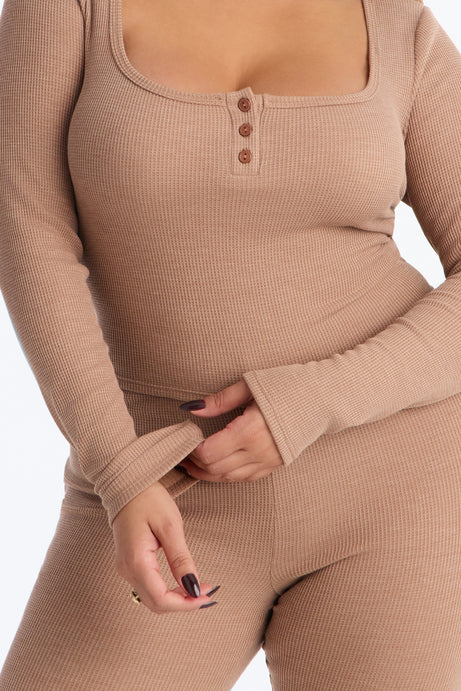 Marissa Long Sleeve Waffle Pant Set - Taupe