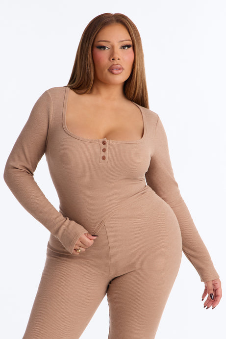 Marissa Long Sleeve Waffle Pant Set - Taupe