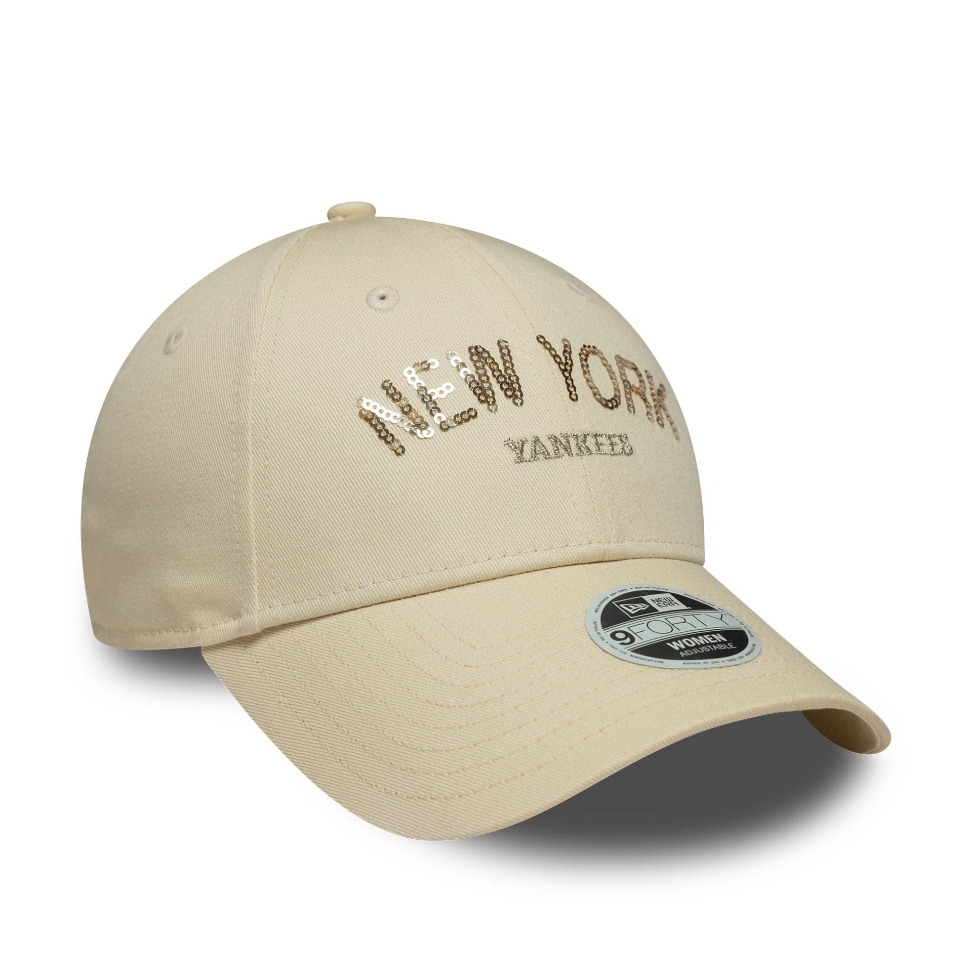New York Yankees Womens MLB Sequin Wordmark Light Beige 9FORTY Cap