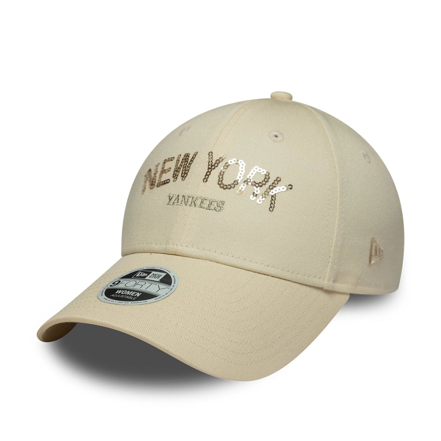 New York Yankees Womens MLB Sequin Wordmark Light Beige 9FORTY Cap