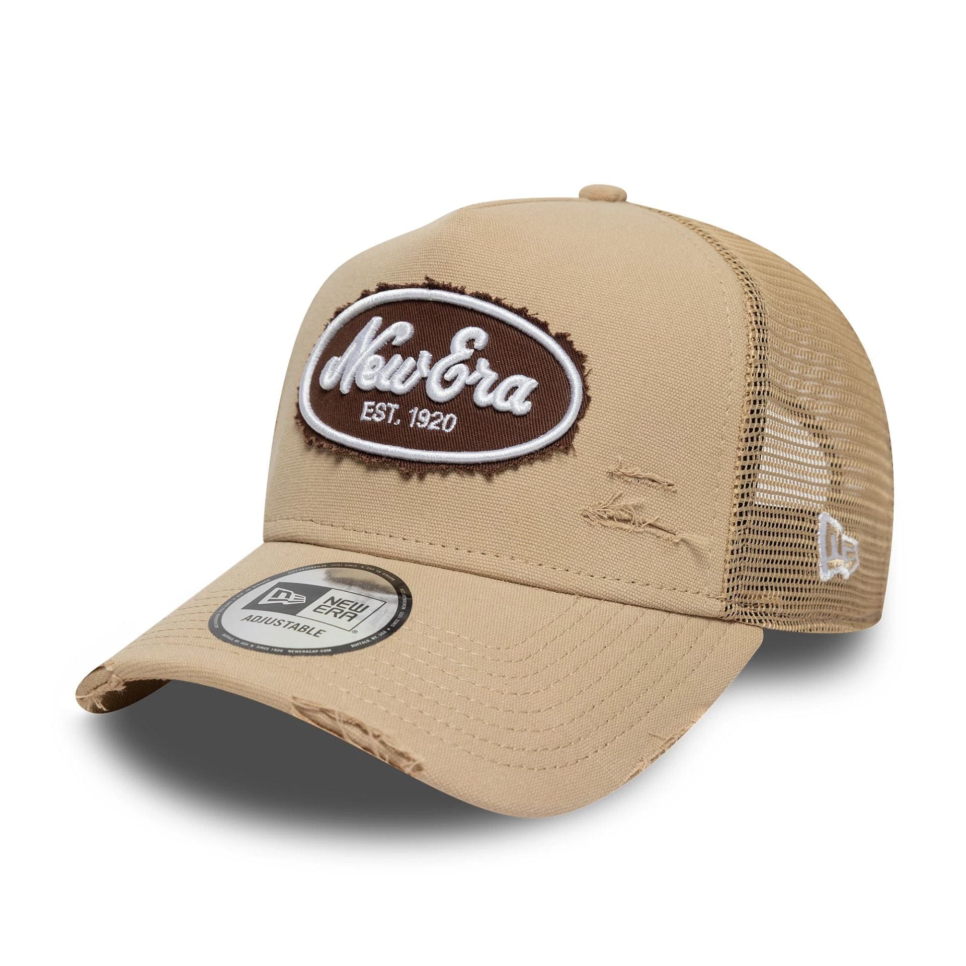 New Era Canvas Distressed Light Beige 9FORTY A-Frame Trucker Cap