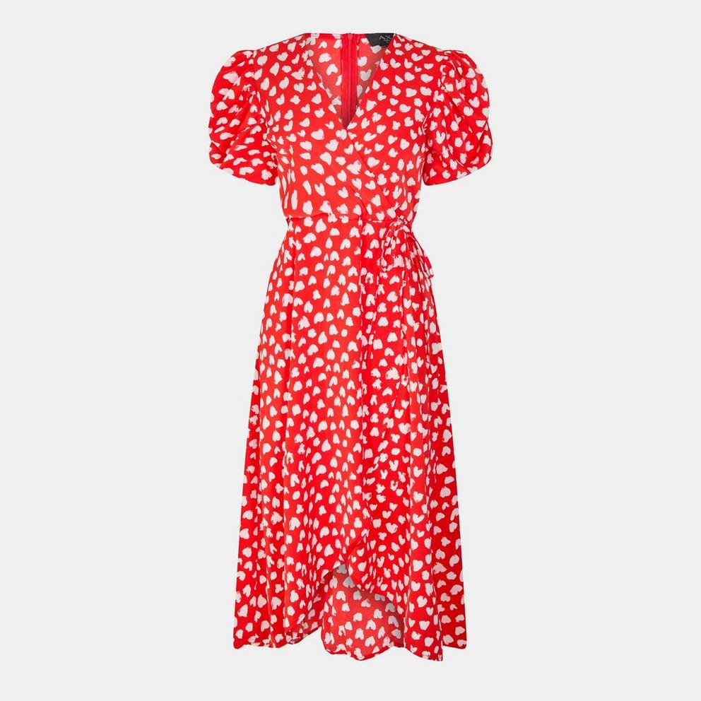 Red Heart Printed Wrap Midi Dress
