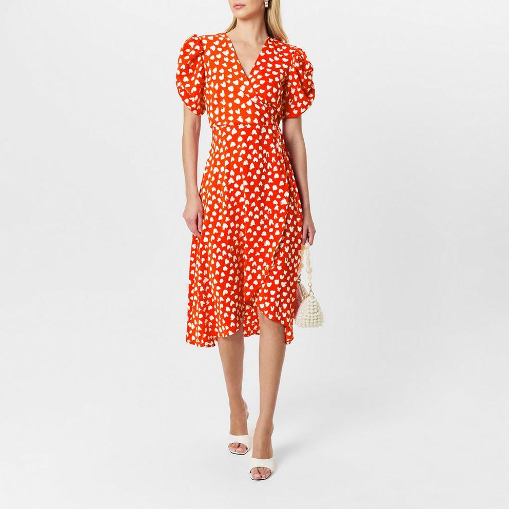 Red Heart Printed Wrap Midi Dress