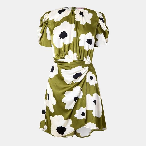 Olive Floral Printed Short Puff Sleeve Gathered Side Mini Dress