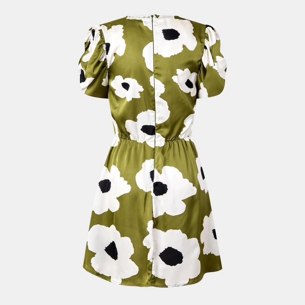 Olive Floral Printed Short Puff Sleeve Gathered Side Mini Dress
