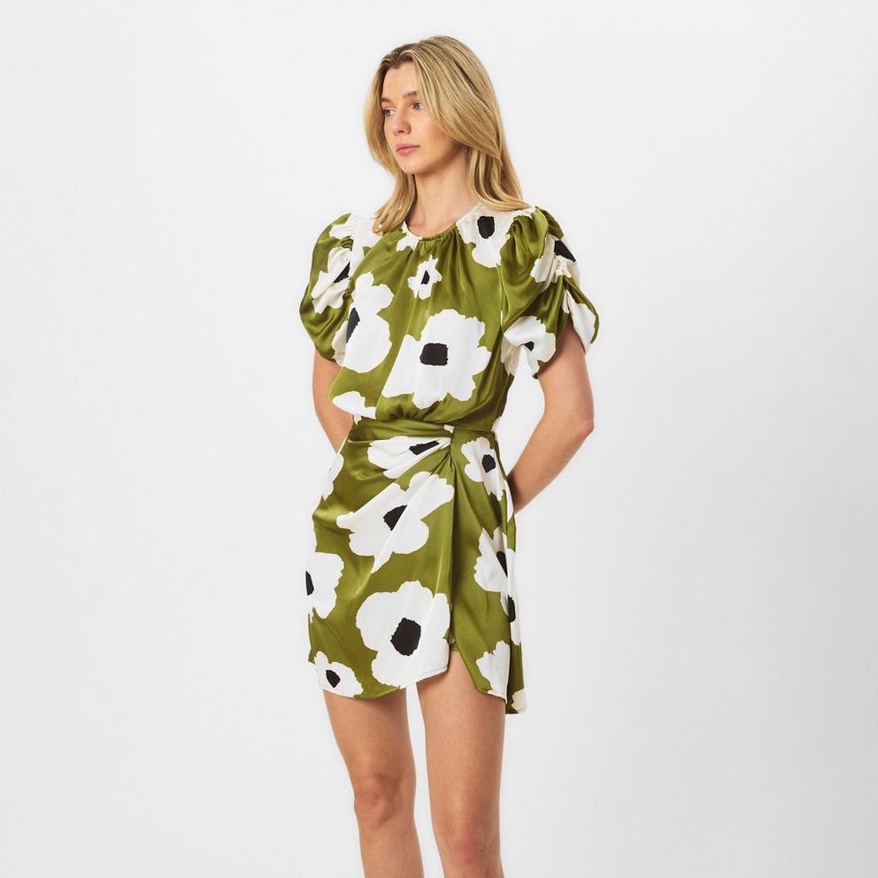 Olive Floral Printed Short Puff Sleeve Gathered Side Mini Dress