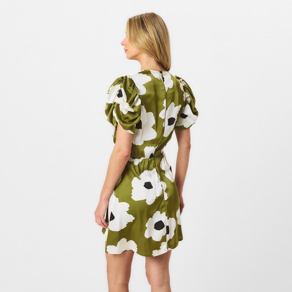 Olive Floral Printed Short Puff Sleeve Gathered Side Mini Dress