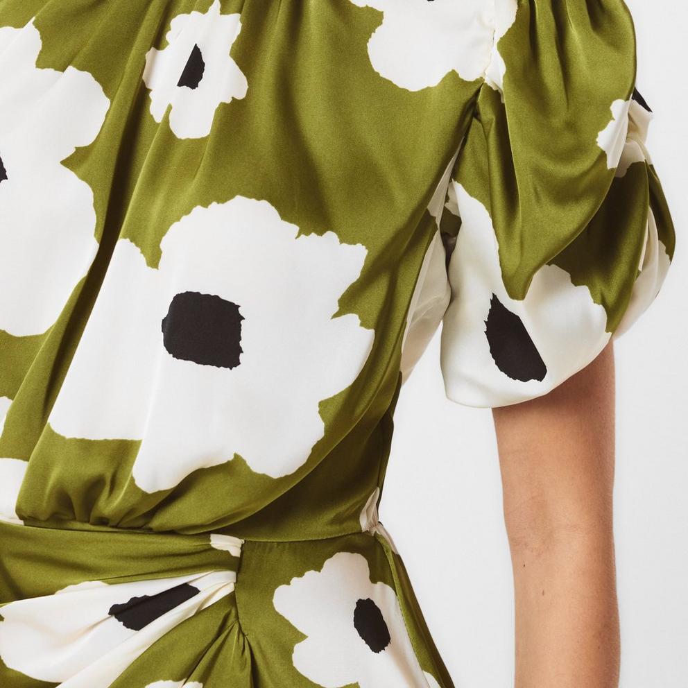 Olive Floral Printed Short Puff Sleeve Gathered Side Mini Dress