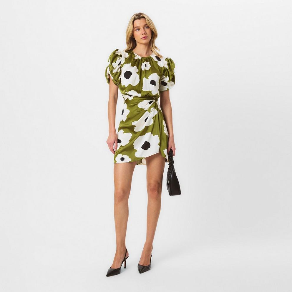 Olive Floral Printed Short Puff Sleeve Gathered Side Mini Dress