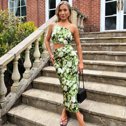 AX Paris Green Printed Asymmetric Cut Out Midi Dress