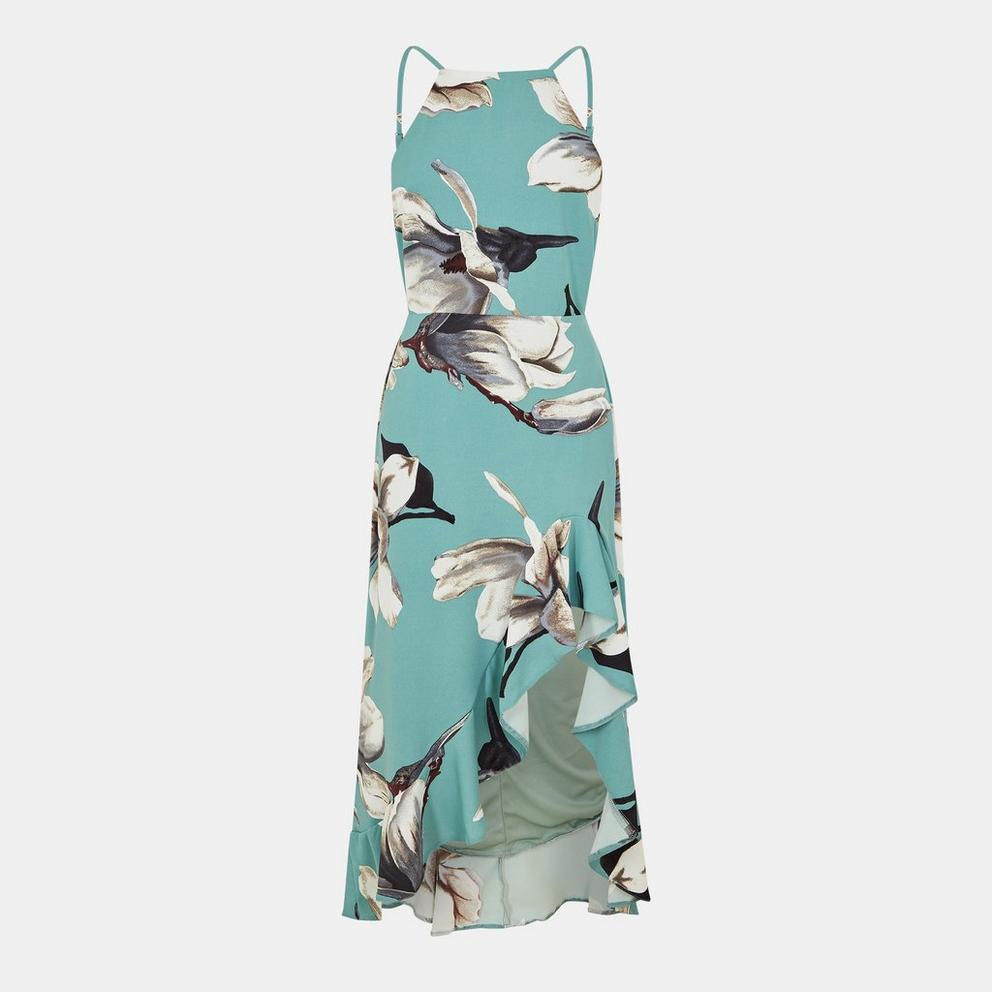 Racer Neck High Low Frill Hem Midi Dress