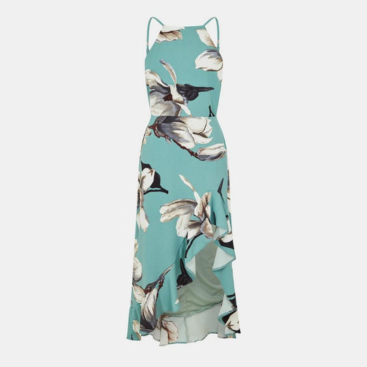 Racer Neck High Low Frill Hem Midi Dress
