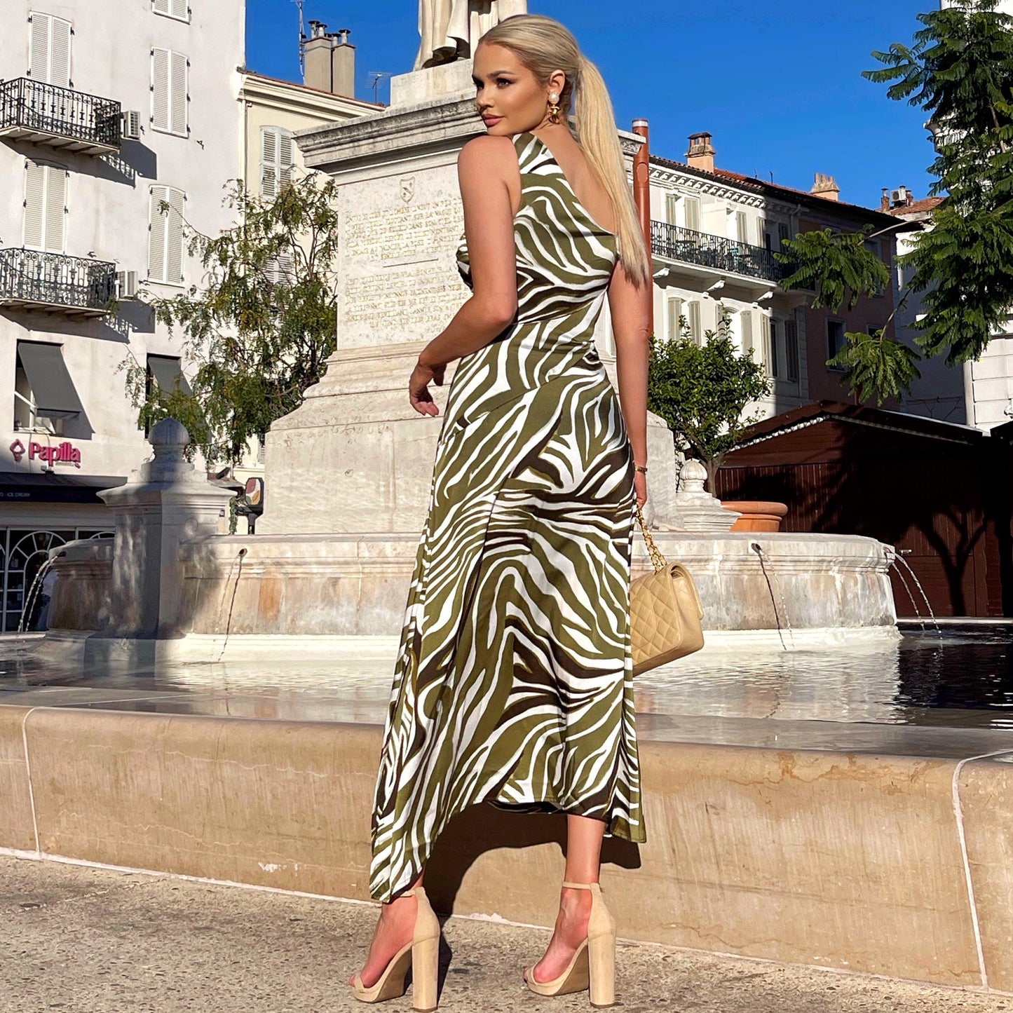 Olive Print Asymmetric Cut Out Midi Dress